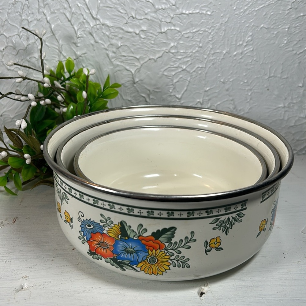 VTG Enamelware Old Amsterdam Floral & Leaf Mixing Nesting Stackable 3 Bowls - Picture 3 of 15